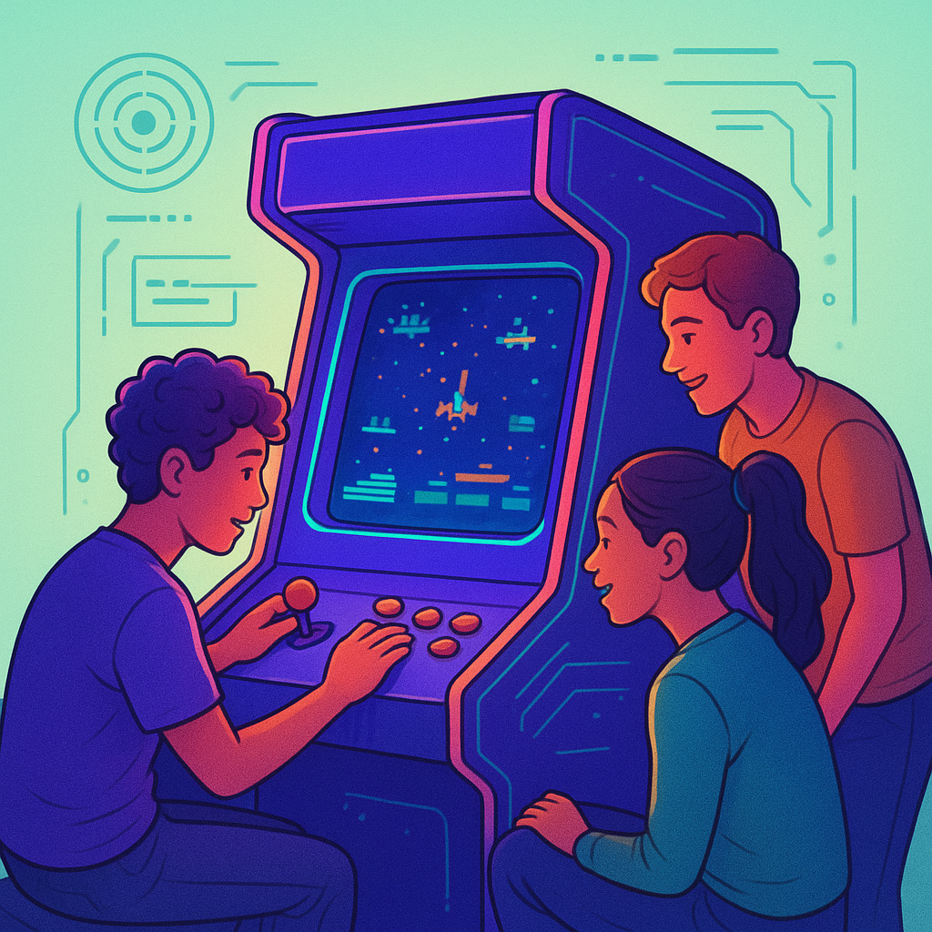 Hero collage of neon arcade, UI overlays and players
